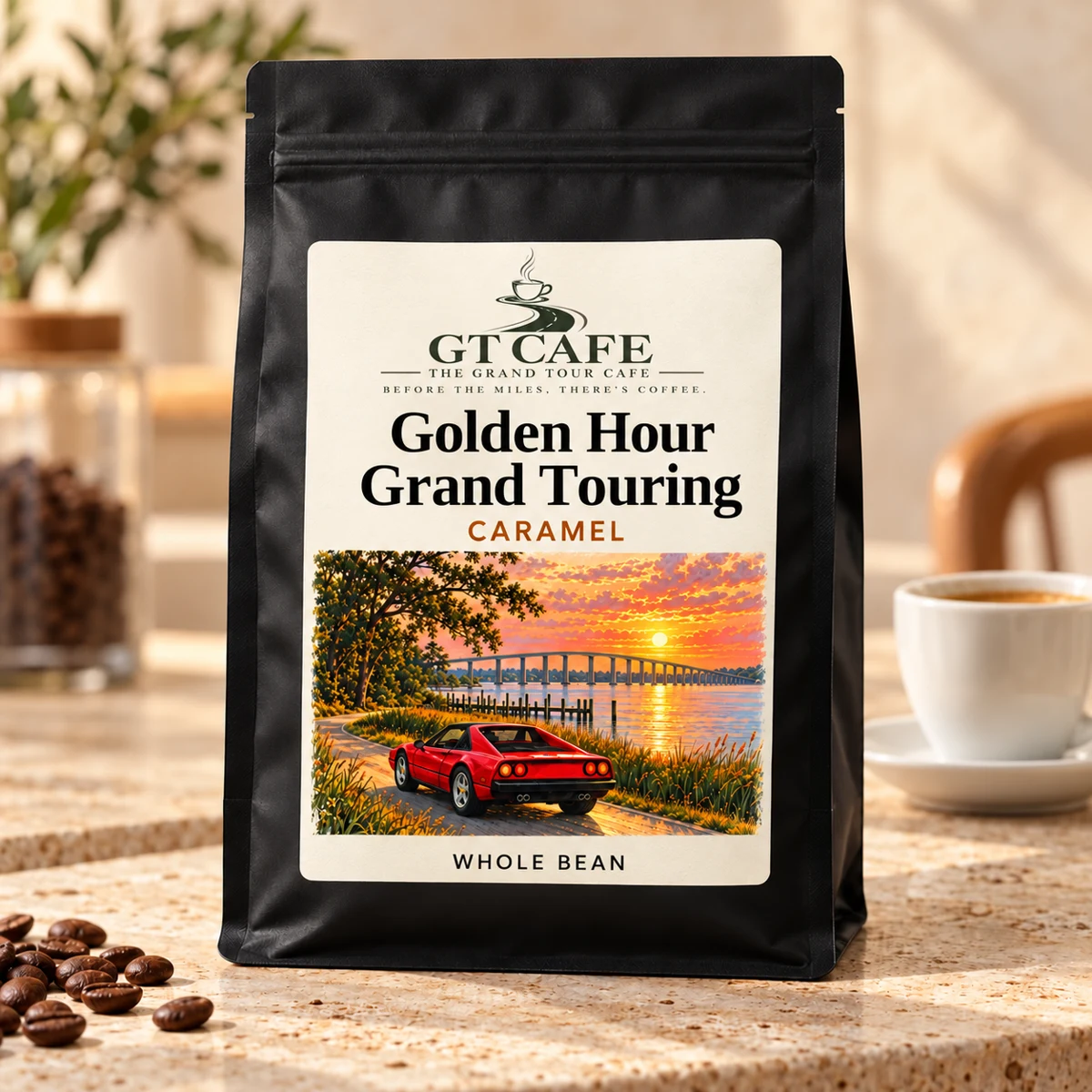 Black coffee bag mockup for Golden Hour Grand Touring